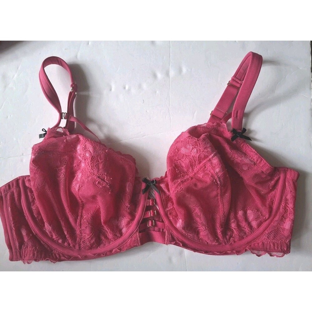 Cacique Unlined Curvy Balconette Bra Size 40DD Hot Pink Underwire Lace Bows